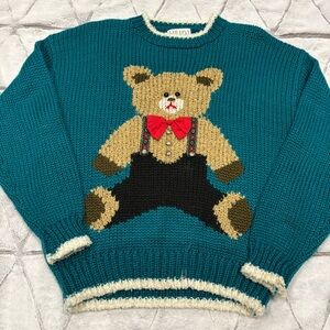 Ugly Holiday Vintage Hand Knit Teddy Bear Sweater Heidi Sz L Grannycore